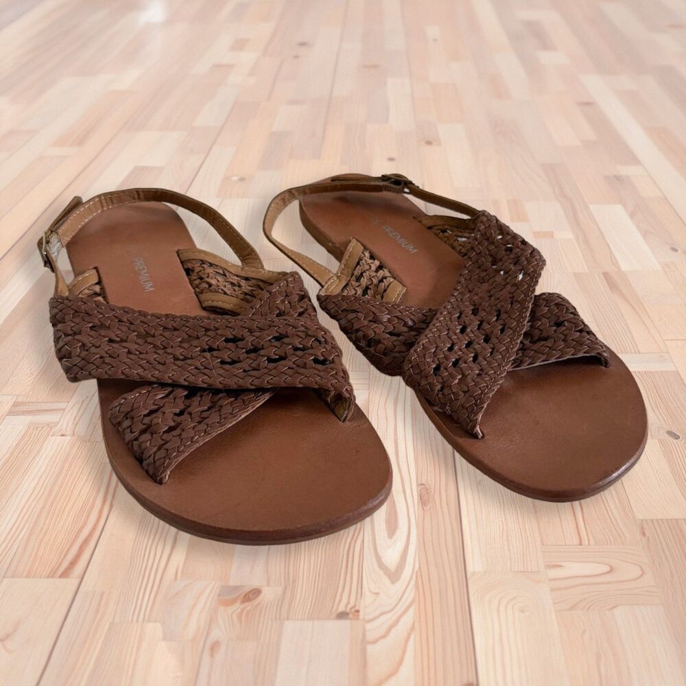 Monoprix Premium Braided Leather Sandals EU 40 US 9 Brown Camel Slingback